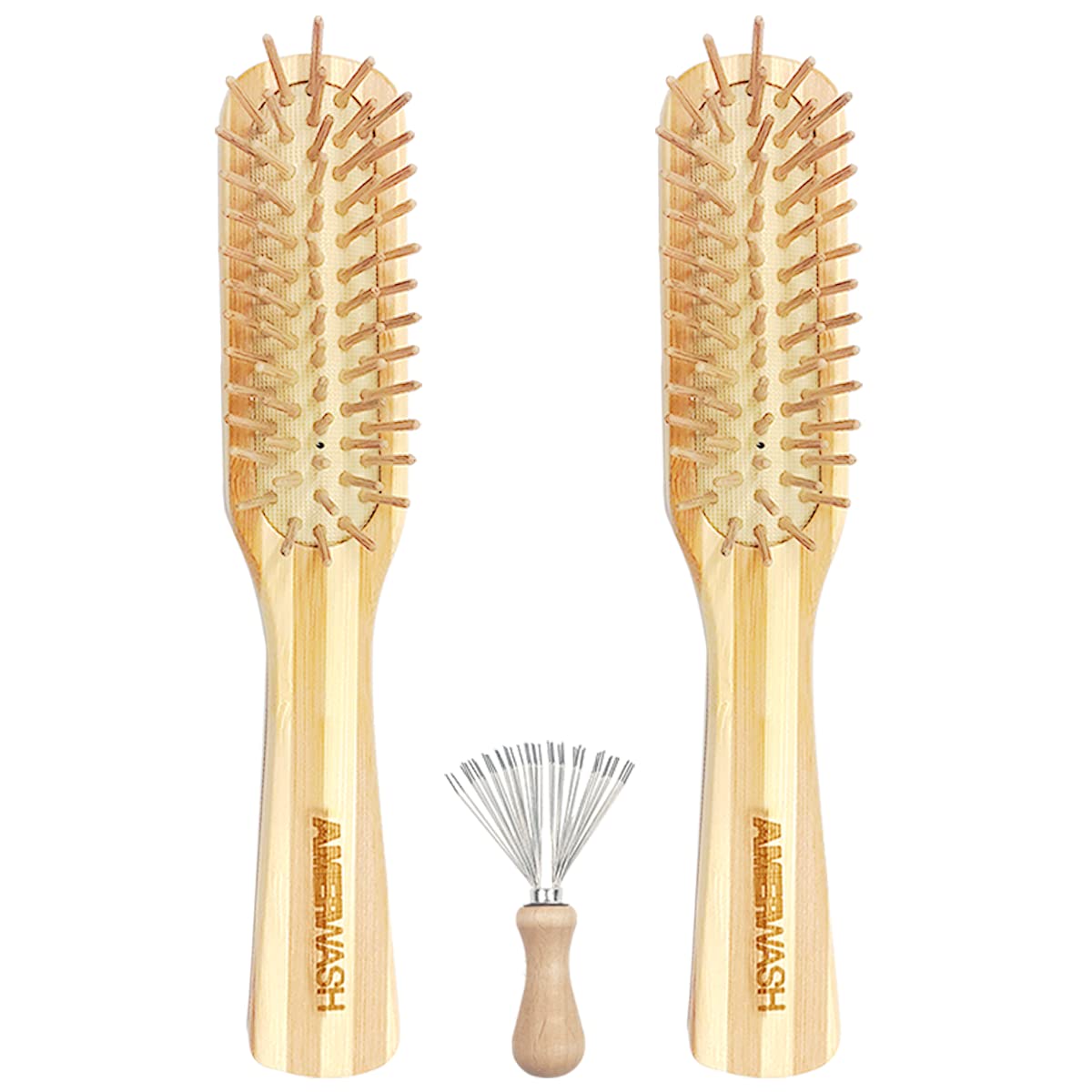 Bamboo Hair Brush with Cleaner Tool For Women Men, Bamboo Bristle Wooden Paddle Detangling Brush Helps Hair Growth, Enhance Shine & Health, Massaging Scalp - 2 Pack