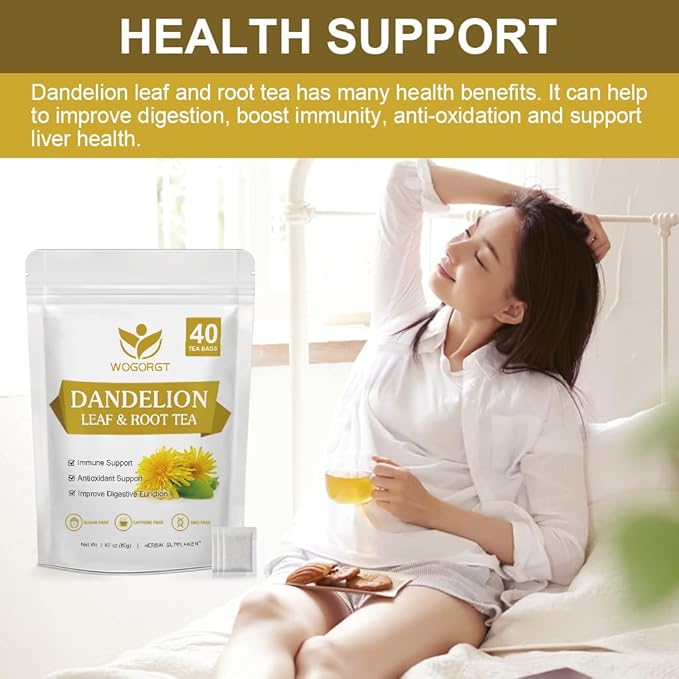 Dried Dandelion Leaf & Root Tea - Natural Dandelion Herbal Tea for Liver Support, Antioxidant, Digestion and Immune Support, Caffeine Free - 40 Tea Bags
