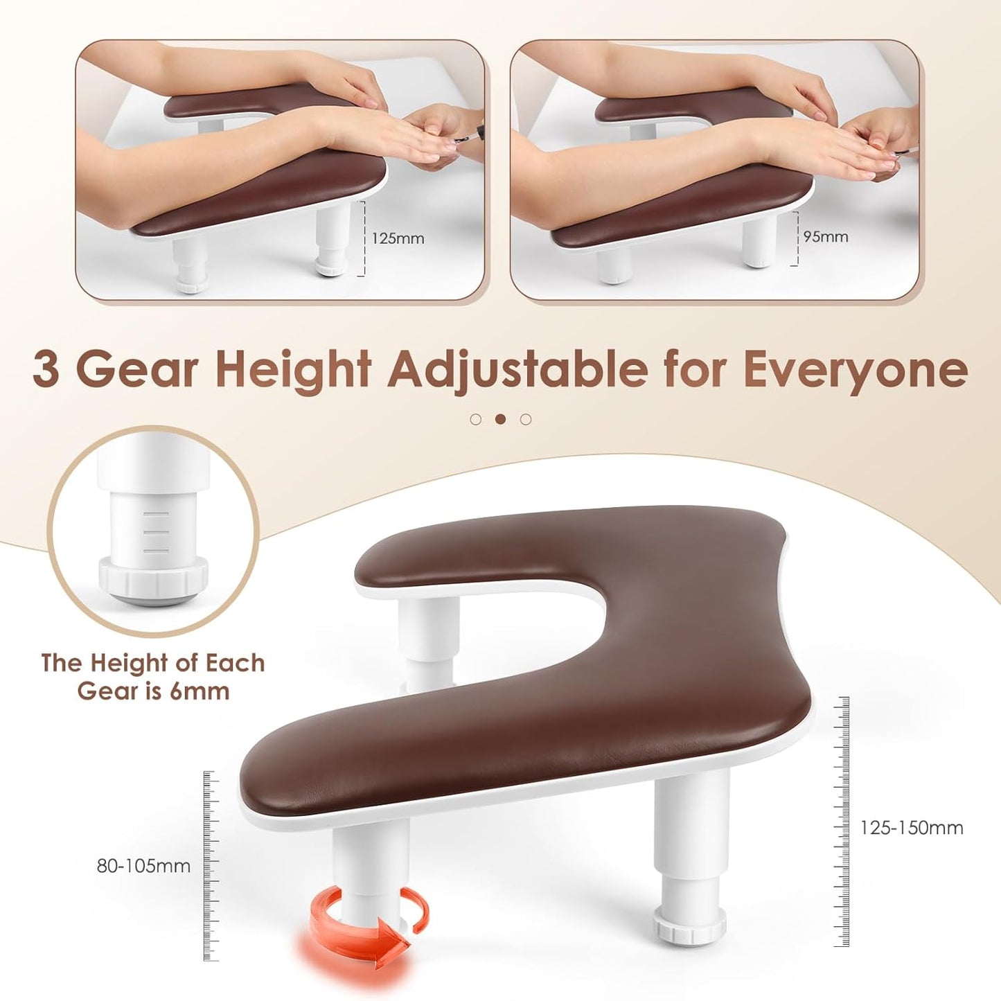 Manicure Arm Rest for Nails Tech: U-shaped Adjustable Nail Armrest - Brown PU Leather Hand Stand Rest for Manicurists