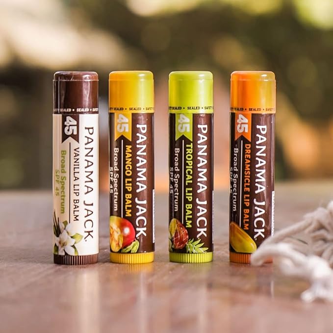 Panama Jack Sunscreen Lip Balm - SPF 45, Broad Spectrum UVA-UVB Sunscreen Protection, Prevents & Soothes Dry, Chapped Lips, Tropical, Pack of 3