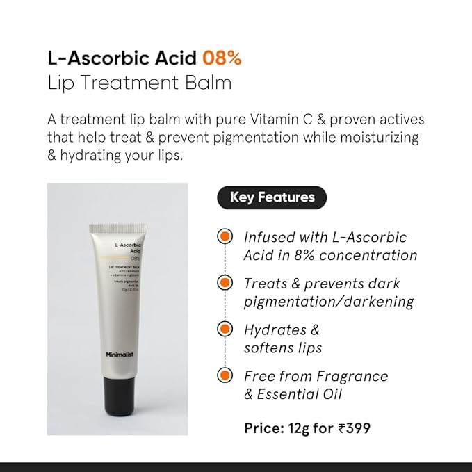 Minimalist Lip Balm for Moisturizing, Softening & Brightening Lips | 8% L-Ascorbic Acid with Vitamin E, Radianskin & Glycerine | For Women & Men | 0.42 Oz / 12 gm
