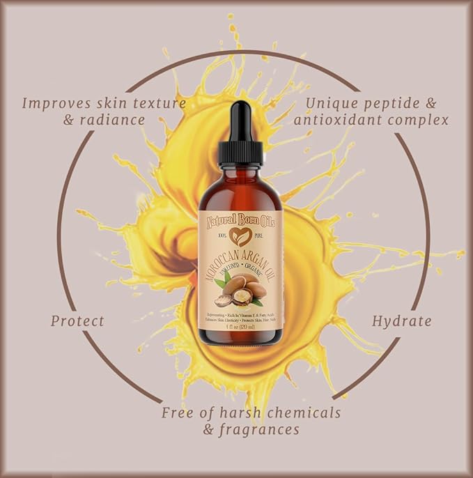 Natural Born Oils Moroccan Argan Oil, 16oz, Organic, Cold-Pressed, Vitamin E & Antioxidants, Deep Skin Hydration, Hair Strengthener