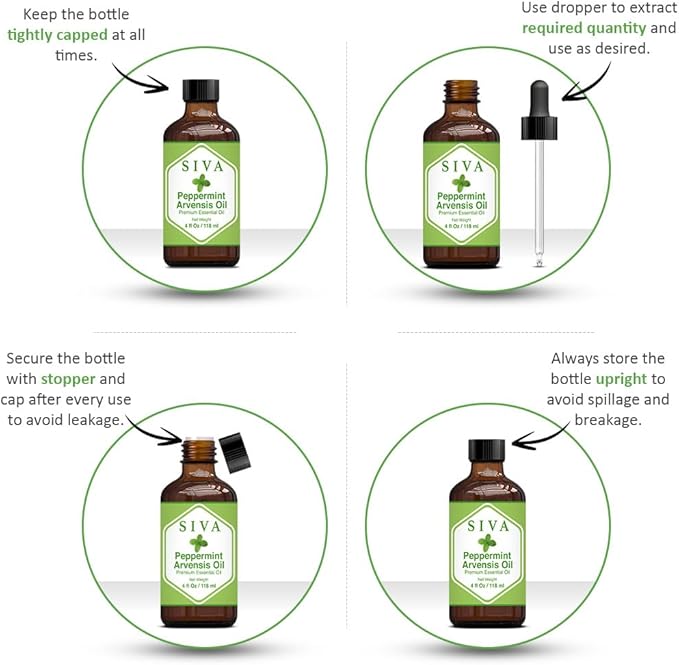 SIVA Peppermint Arvensis Essential Oil - 4 Fl Oz – Natural Peppermint Arvensis Oil - for Diffuser, Face, Skin Care, Aromatherapy, Hair Care, Scalp and Body Massage - with Dropper