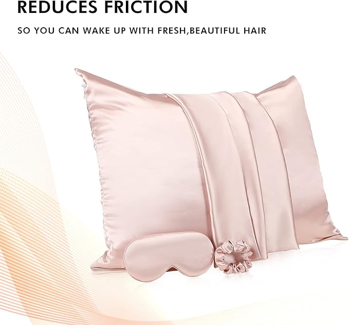 2 Pack Satin Pillowcase with Latent Zipper, Adjustable Satin Eye Mask for Sleeping and Satin Volume Scrunchie for Hair and Skin, Standard Size (Light Pink,Classic Style)