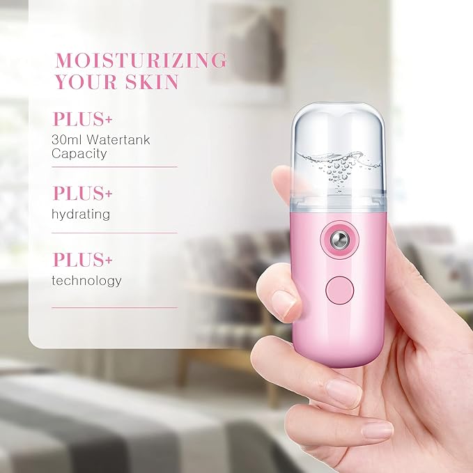 Honoson 2 Pieces Nano Facial Mister 30 ml Mini Face Humidifier Portable Facial Sprayer USB Rechargeable Handy Skin Care Machine for Face Hydrating, Daily Makeup (Black and Pink)