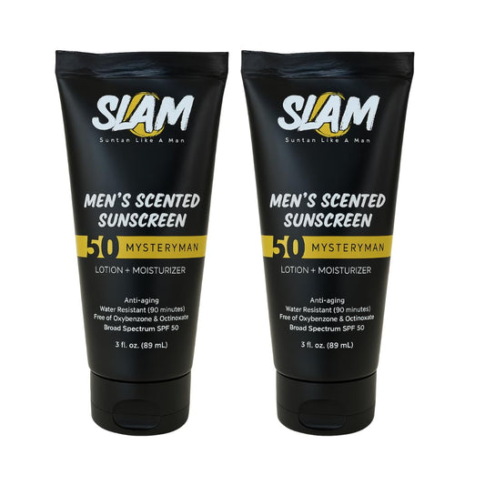SLAM MysteryMan Men's Sunscreen Lotion SPF 50 & Moisturizer – Face & Body Sunblock, Anti-Aging, Water-Resistant, Hawaii Act 104 Safe, Daily Sport Skincare for Men, Scented – 3 fl oz. Double pack.