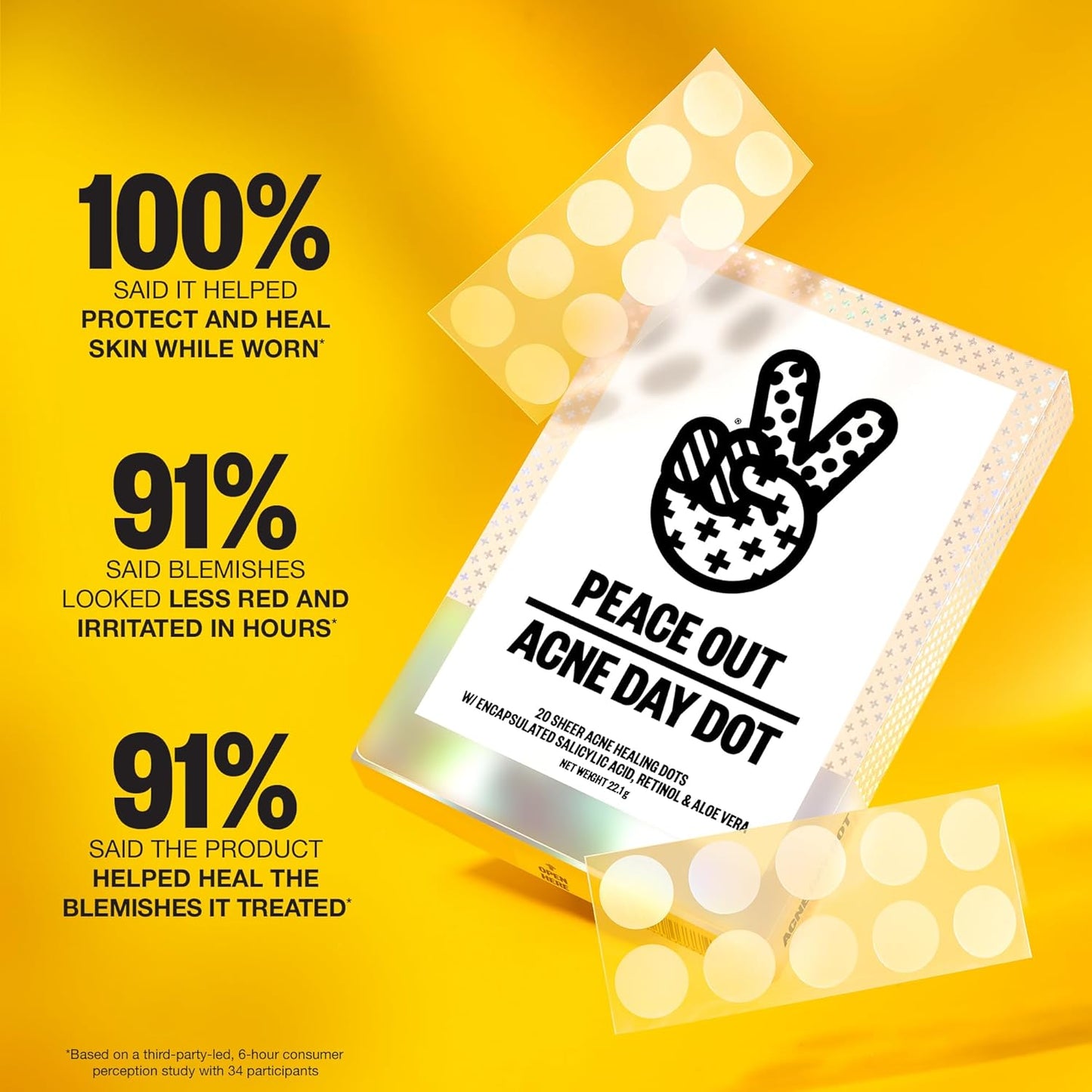 PEACE OUT Acne Day Dot, Sheer Acne Healing Dots, Virtually Invisible Wear, Hydrocolloid Pimple Patches Helps Clear Blemishes Quickly with Encapsulated Salicylic Acid, Retinol & Aloe Vera, 40 dots