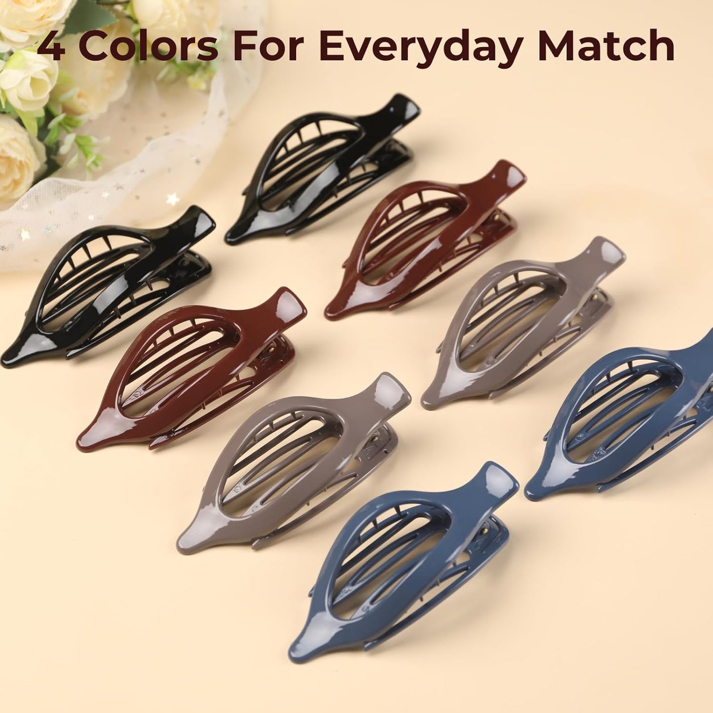 8 Pack Glossy Flat Hair Clips for Women – Large No-Slip Claw Barrettes in Black, Navy Blue, Gray & Wine Red, Shiny Finish Strong Hold for Thick & Thin Hair