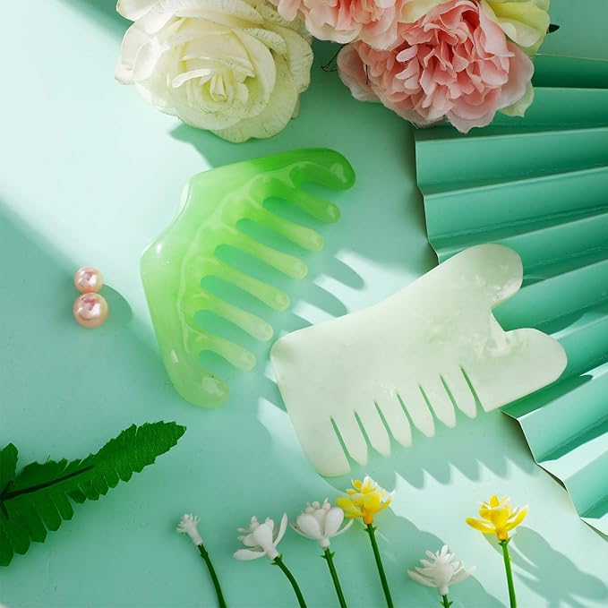 Geiserailie 2 Pieces Jade Combs Massage Stone Hair Gua Sha Scraping Scalp Comb Facial Massage Tool Multifunctional Handheld Head Tools Head Caring Therapy Mother's Day Gift(Mixed Style)