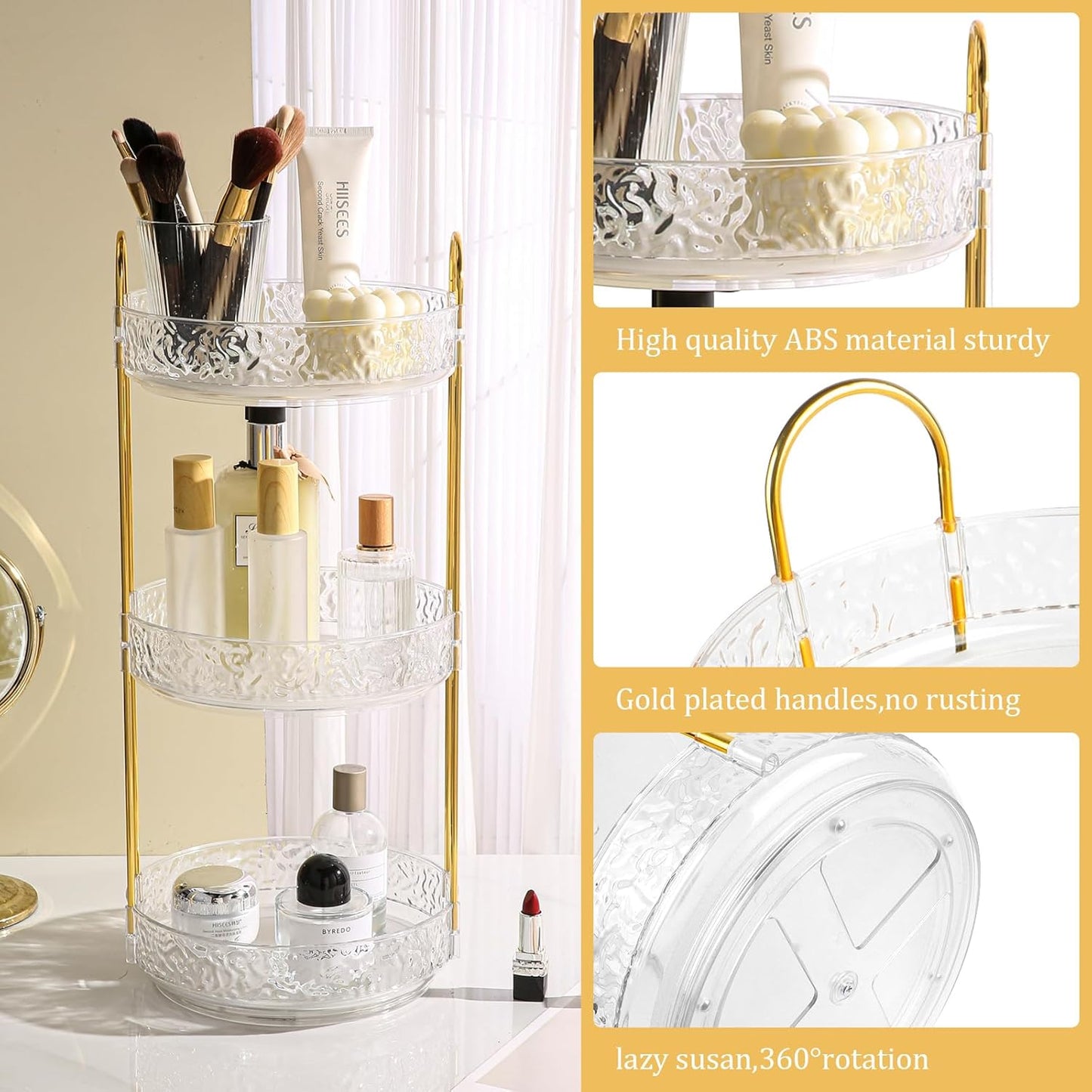 Fangoo 3 Tiers Clear Rotating Makeup Organizer for Vanity, 360 Spinning Skincare Organizers for Dresser Perfume Holder Large Skincare Make Up Storage Cosmetic Organizer for Bathroom Countertop