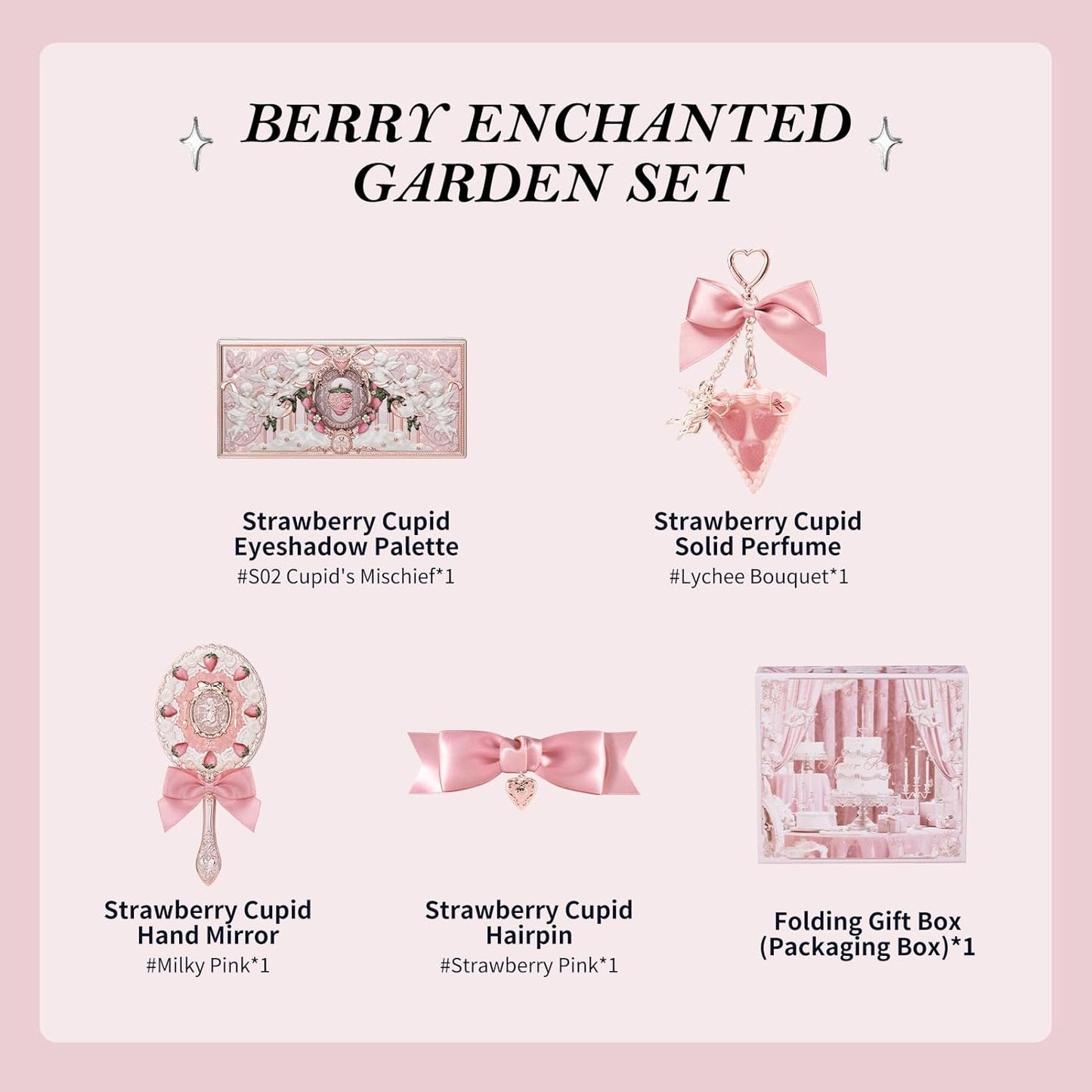 Flower Knows Strawberry Cupid 5-Piece Makeup Gift Box Set-Berry Enchanted Garden, Lip Cream + Solid Perfume + Pocket Mirror + Folding Gift Box(02 Berry Enchanted Garden Set Set)