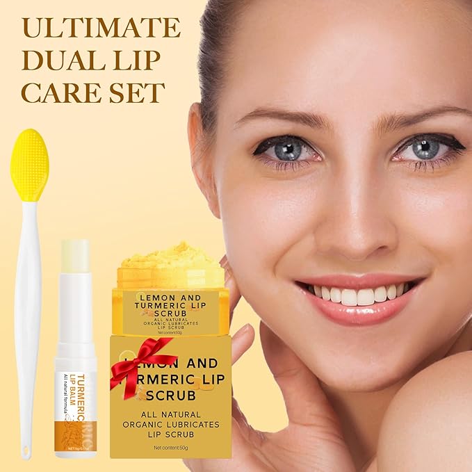 3PCS Turmeric Lip Balm and Turmeric Lemon Lip Exfoliator Scrub with Brush Set, Dark Lips Treatment for Smokers, Natural Exfoliator & Moisturizer Cracked, Dull, Reduce Fine Lines Lips