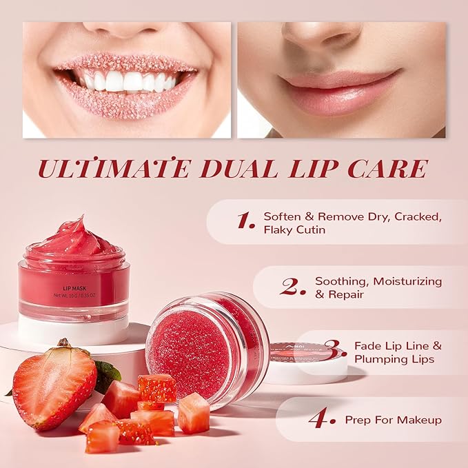 Lip Scrub & Lip Mask Set, Lip Sleeping Mask, Overnight Treatment Lip Care Products, Holiday Gift Set for Girls, Moisturize & Nourish, Dry Cracked Lips, Intense Hydration with Vitamin C