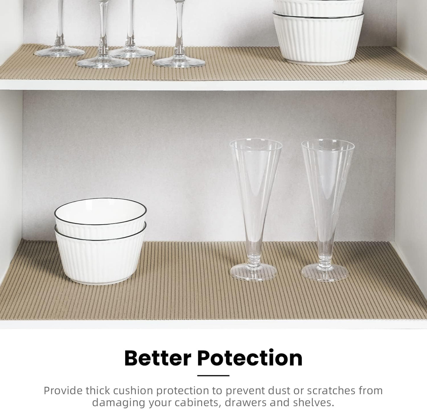 BAGAIL Drawer and Shelf Liner, 12 in X 20 Ft Non-Adhesive Shelf Liners for Kitchen Cabinets, Thick Strong Grip Liners for Desk, Shelves, Bathroom Drawers, Cabinet Protection - Beige