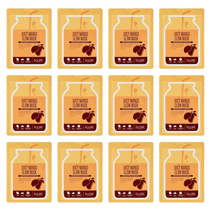 Soo’AE Juicy Mango Glow Mask [12 Count], Mango Juice Complex + Microfiber Sheet, Cute and Fun, Nourishing, Premium Quality, Korean Skincare, Cruelty Free, A Spa-like Experience At Home, 12 Value Pack