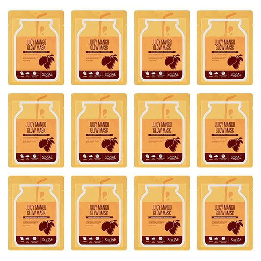 Soo’AE Juicy Mango Glow Mask [12 Count], Mango Juice Complex + Microfiber Sheet, Cute and Fun, Nourishing, Premium Quality, Korean Skincare, Cruelty Free, A Spa-like Experience At Home, 12 Value Pack