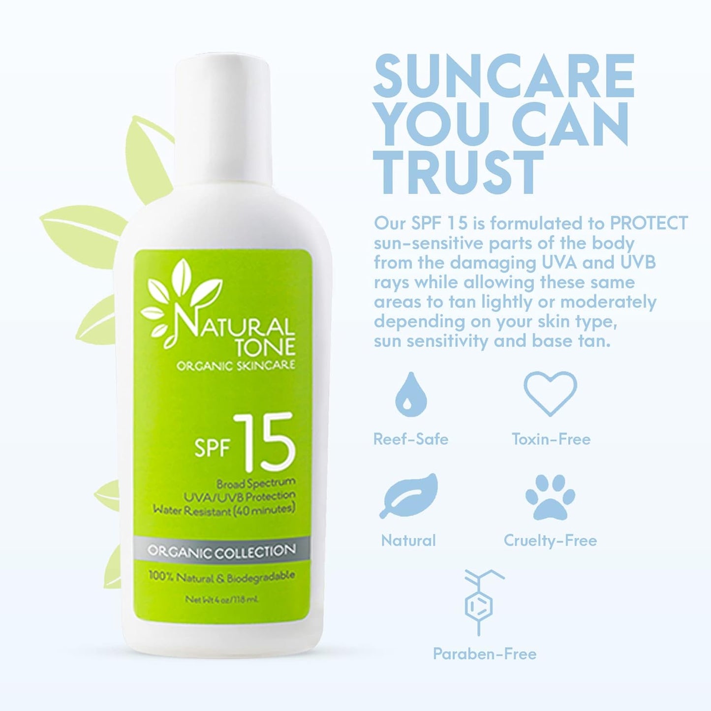 SPF15 Broad Spectrum Natural Sunscreen, Soothing & Hydrating Sunscreen Lotion, Plant-Based Sun Block, Water-Resistant Sun Screen Protector for Face and Body, 4oz - Natural Tone Organic Skincare