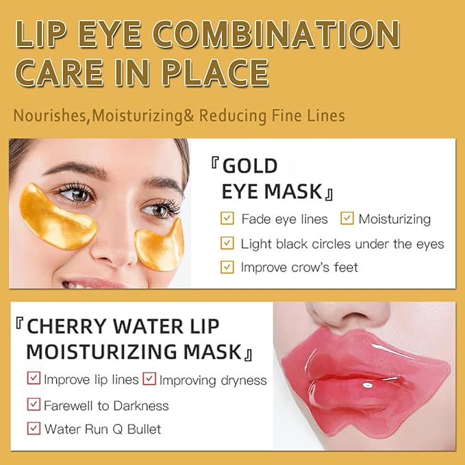30 Pairs Lip Mask & Eye Mask, 24K Gold Gel Collagen Eye Pads for Puffy Eyes, Effectively Moisturizing the Lip & Eye Skin, Under Eye Patches for Dark Circles, Eye Bags, Wrinkles and Fine Lines