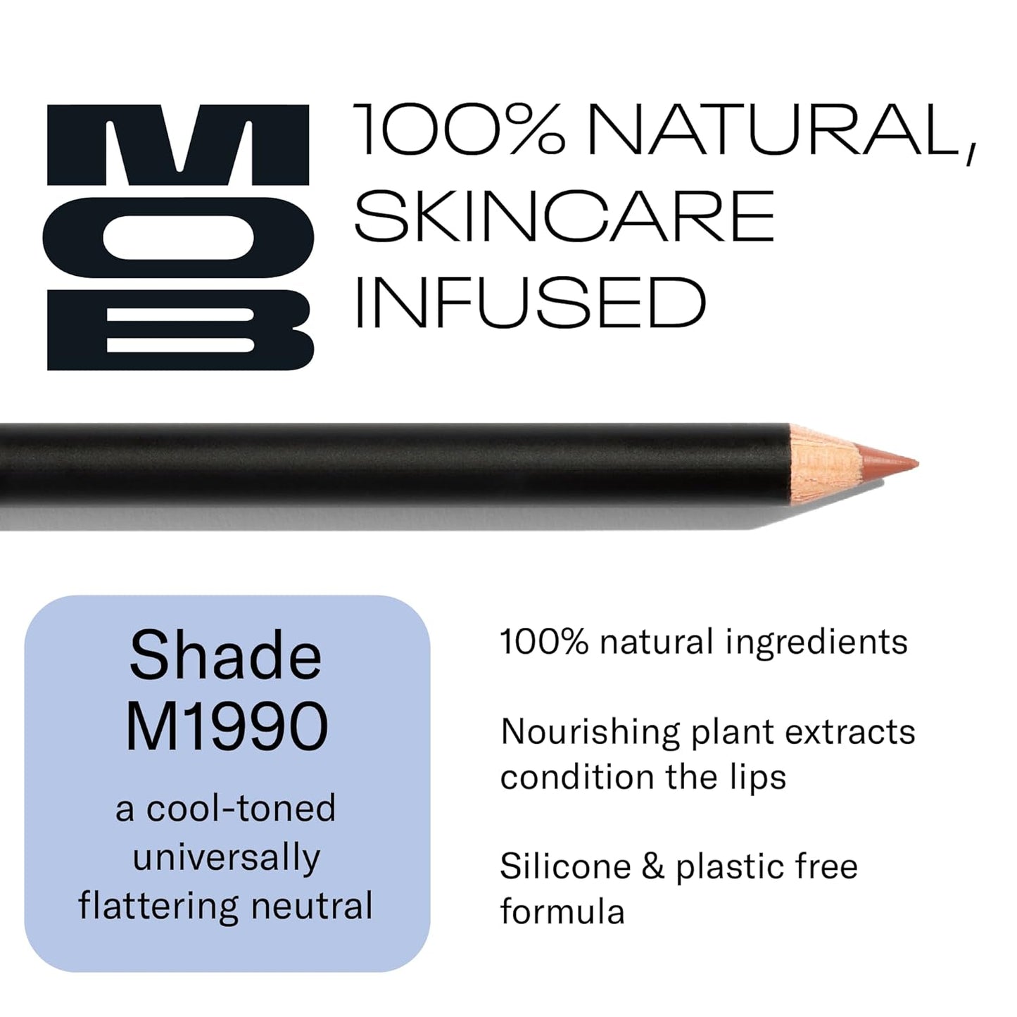 MOB Beauty Smooth Precision Waterproof Lip Liner M1990 Cool Tone Neutral – Long-Wearing, Glide-On Formula with 100% Natural Ingredients, Vegan and Cruelty-Free, Plastic-Free Formula and Packaging