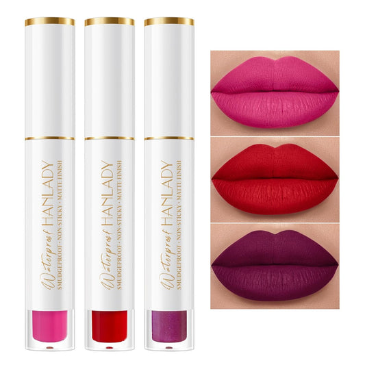 Dark Red Pink Berry Lipstick 3Pc Long Lasting Lipsticks for Women Pigmented Smudgeproof Transferproof Vegan Cruelty Free Lip Color, A66/44/48