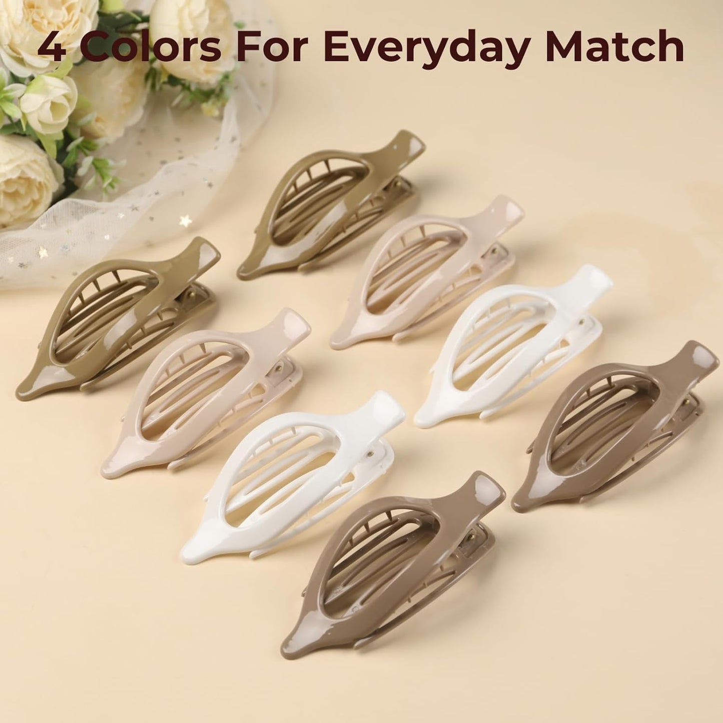 8 Pack Neutral Flat Hair Clips for Women – Large No-Slip Claw Barrettes in Cream, Blonde, Mustard Yellow & Light Brown,Shiny Finish Strong Hold for Thick & Thin Hair