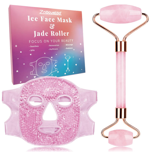 ZNÖCUETÖD Ice Face Facial Jade Roller and Ice Face Mask Cold Cooling Gel Mask Gift Set for Women Aging Wrinkles Lifting Firming Puffy Eyes, Eye Face Neck Roller Massager SPA Tools