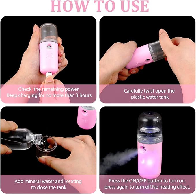 Honoson 2 Pieces Nano Facial Mister 30 ml Mini Face Humidifier Portable Facial Sprayer USB Rechargeable Handy Skin Care Machine for Face Hydrating, Daily Makeup (Dark Pink and White)