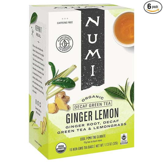 Numi Organic Ginger Lemon Tea, 16 Count Box of Tea Bags (Pack of 6) Decaf Green Tea - 96 Total Tea Bags