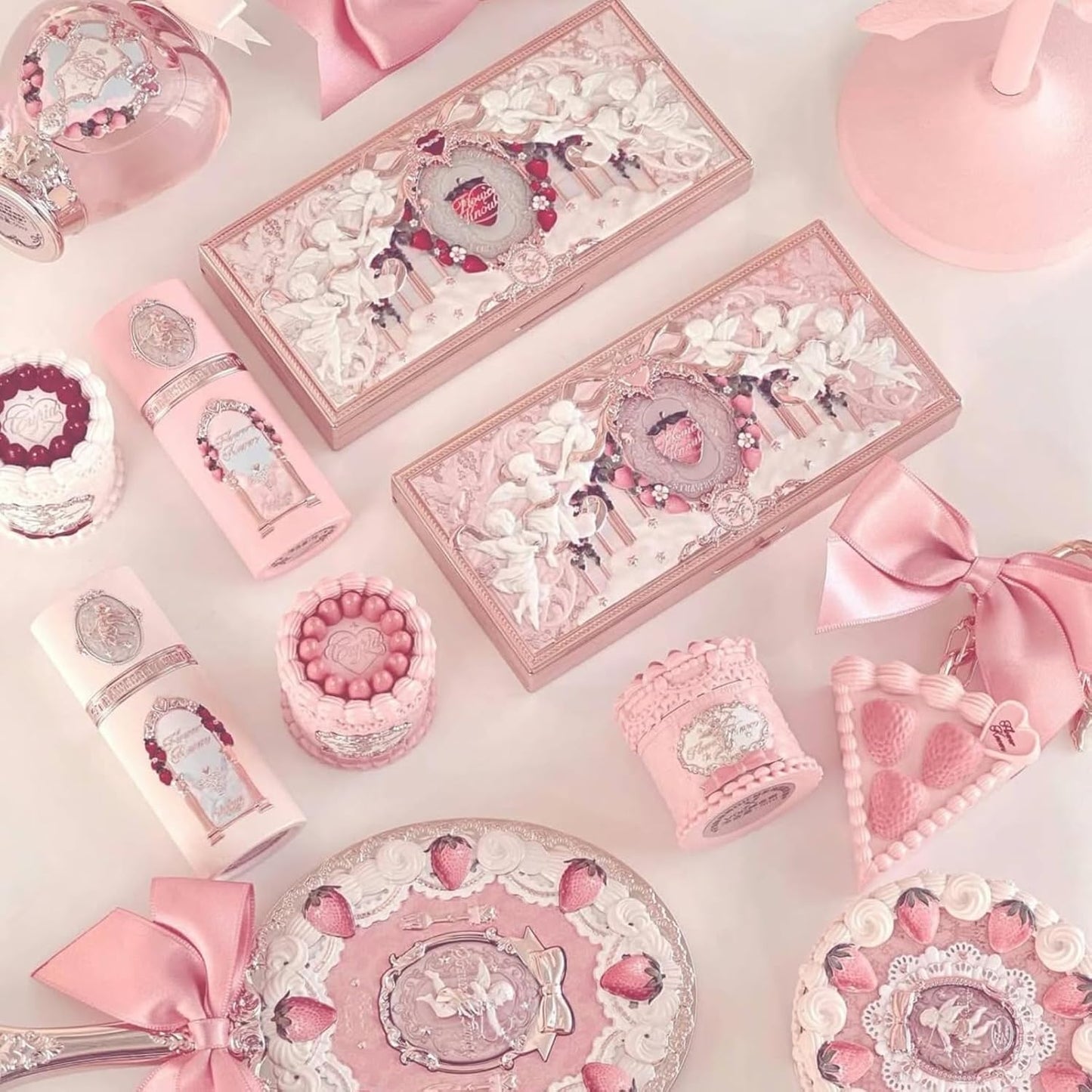 Flower Knows Strawberry Cupid 12-Piece Makeup Gift Box Set,Lip Cream×2+Liquid Blush×2+Makeup Palette×1+Hand Mirror×1+Solid Perfume×1+Hair Clip×1+Cushion Powder Puff×2+Eyeshadow Brush×1+Gift Box×1