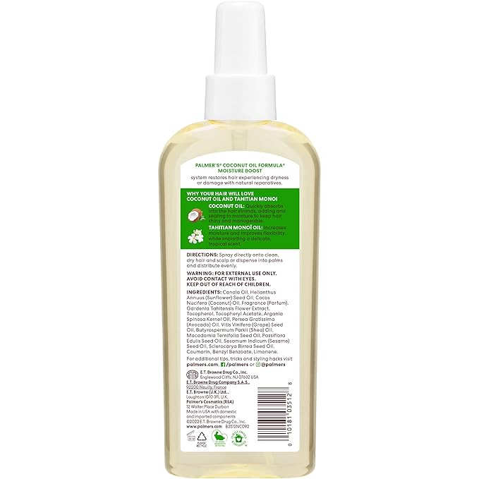Palmer's Coconut Oil Moisture Boost, Restorative Hair and Scalp Oil Spray, Lasting Hydration and Shine for Dry or Damaged Hair, Promotes Scalp Health, 5.1 Oz (Pack of 2)