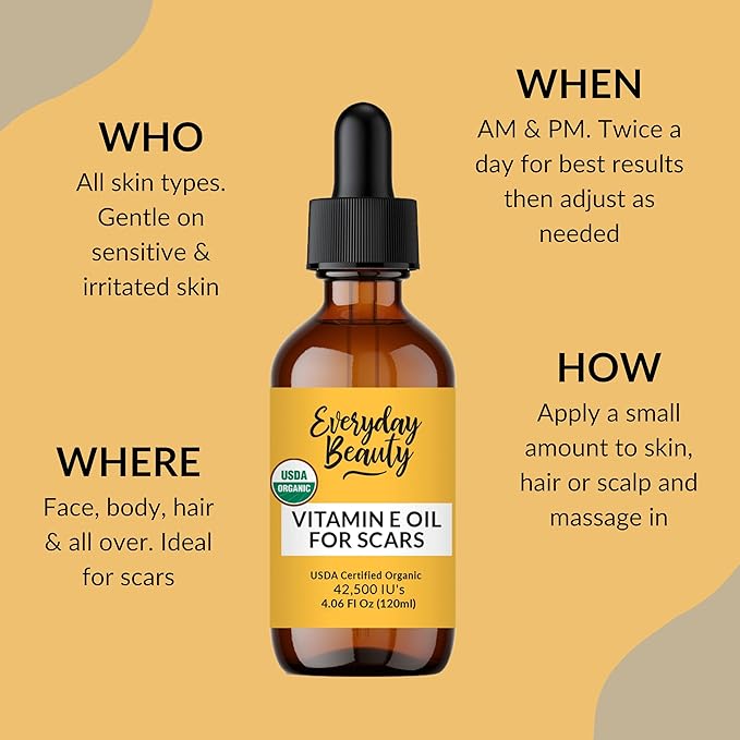 Organic Vitamin E Oil for Scars - All Natural & Vegan Skin Moisturizer 4.06oz - Light & Unscented Great for Scars After Surgery - Reduce Wrinkles, Anti Aging, Lighten Dark Spots -Face, Skin & All Over