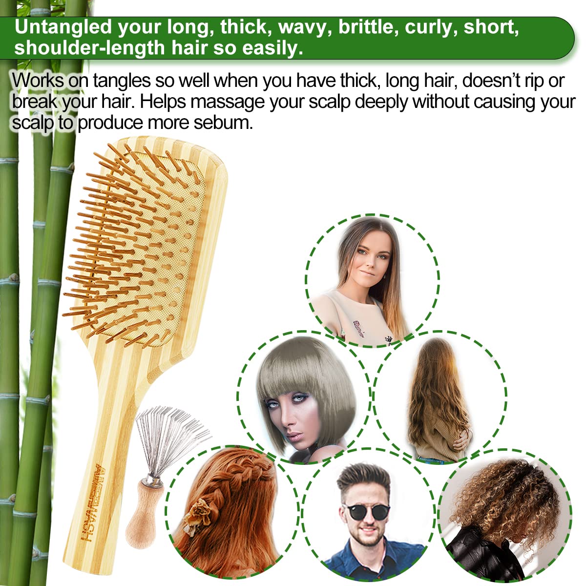 Bamboo Hair Brush with Cleaner Tool for Women Men Thick Curly Hair, Bamboo Bristle Large Wood Paddle Detangling Brush Helps Hair Growth, Enhance Shine & Health, Massaging Scalp - 2 Pack