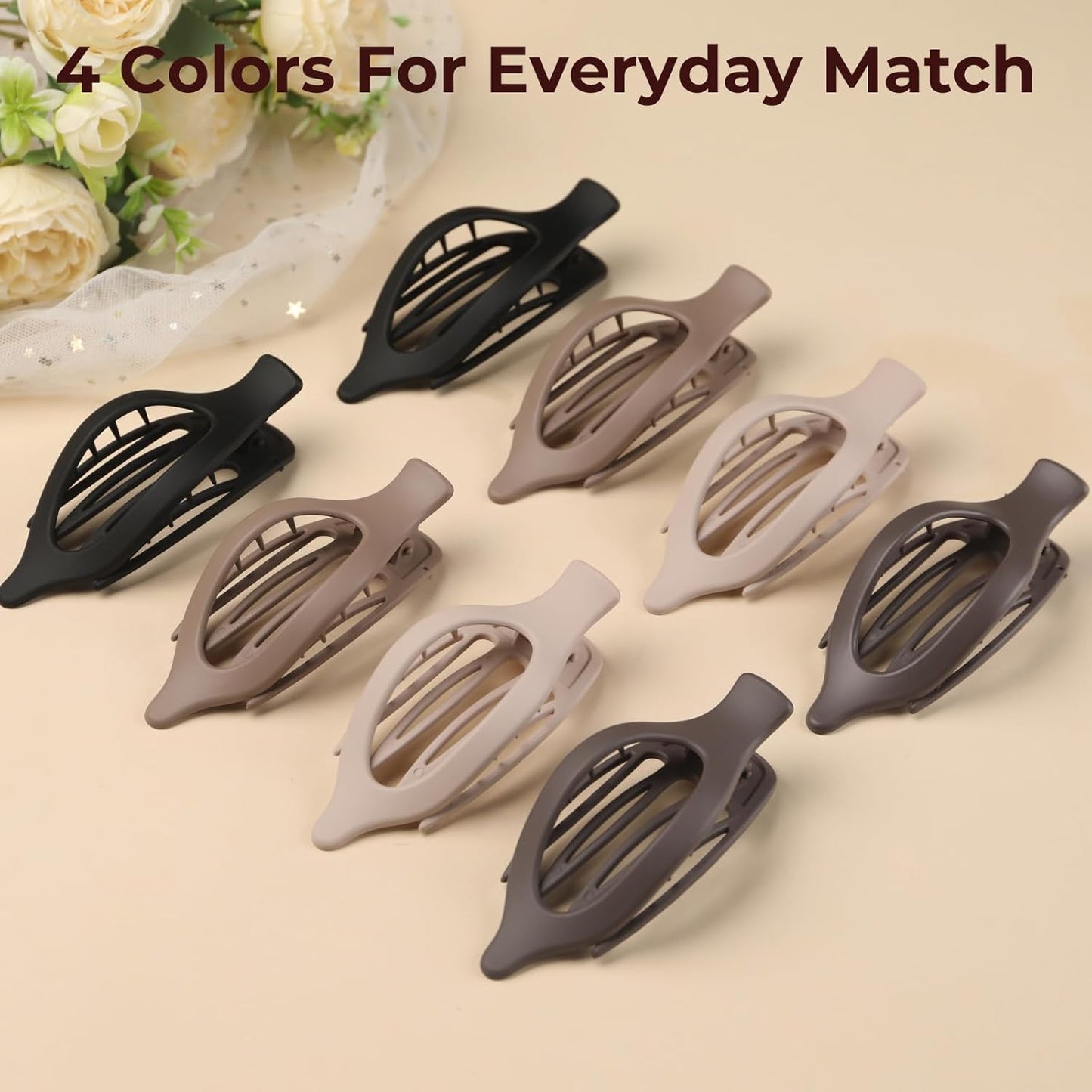 8 Pack French Flat Hair Clips for Women– Large Matte No-Slip Claw Barrettes in Black, Beige, Light Brown & Dark Brown,Strong Hold for Thick & Thin Hair