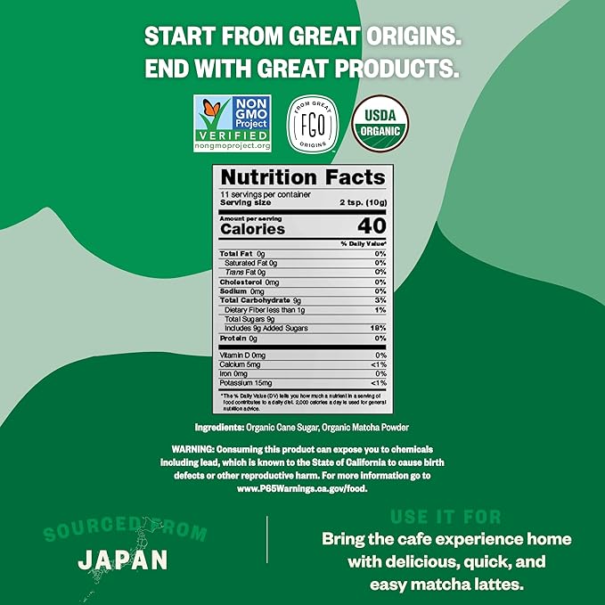 FGO Organic Matcha Latte Powder, 16 Ounce Bulk Resealable Bag, Japanese Matcha with Organic Cane Sugar, Lightly Sweetened, Packaging May Vary (Pack of 1)