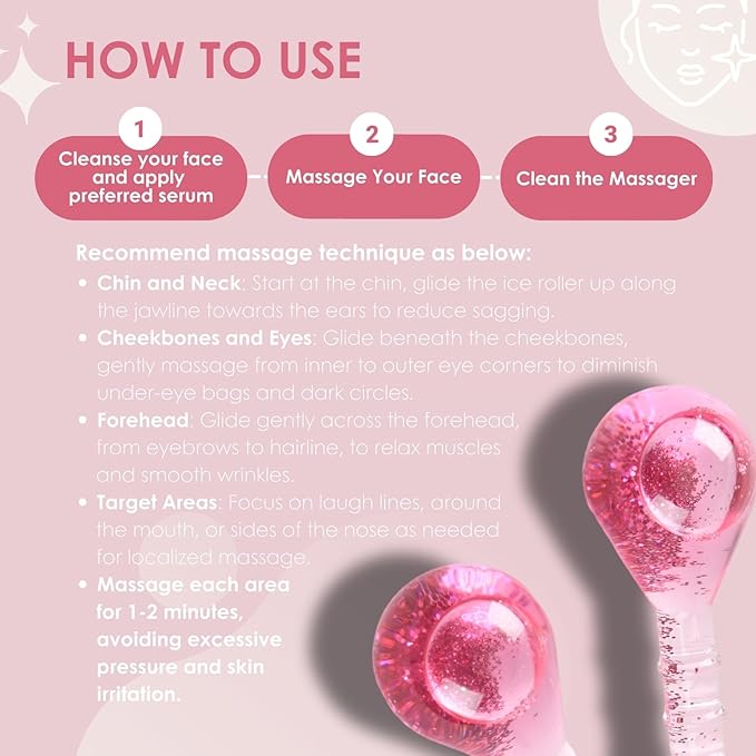 Ice Globes for Face and Eyes, Cooling Facial Facial Roller Balls, Beauty Massage Tools to Reduce Puffiness, Redness, Fine Lines, Cryo Facial Sticks for Home Spa Skincare Routine, Glitter Pink