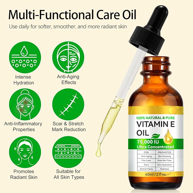 Vitamin E Oil for Scars 2.02 FL OZ- All Natural & Vegan Skin Moisturizer - Light and Unscented Great for Post Surgery Scars - Reduce Wrinkles, Anti Aging - Face, Skin & All Over