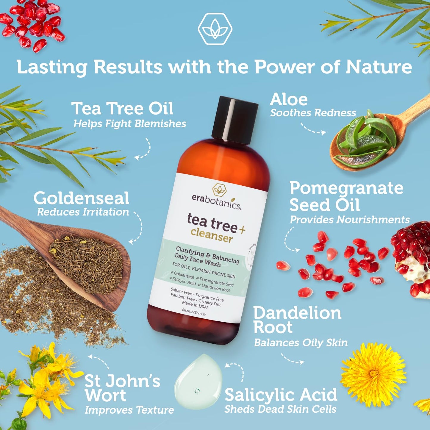 Era Organics Purifying Tea Tree Oil Face Wash - Balancing Cleanser for Oily, Blemish-Prone Skin with Salicylic Acid - Sulfate-Free, Fragrance Free, Made in USA