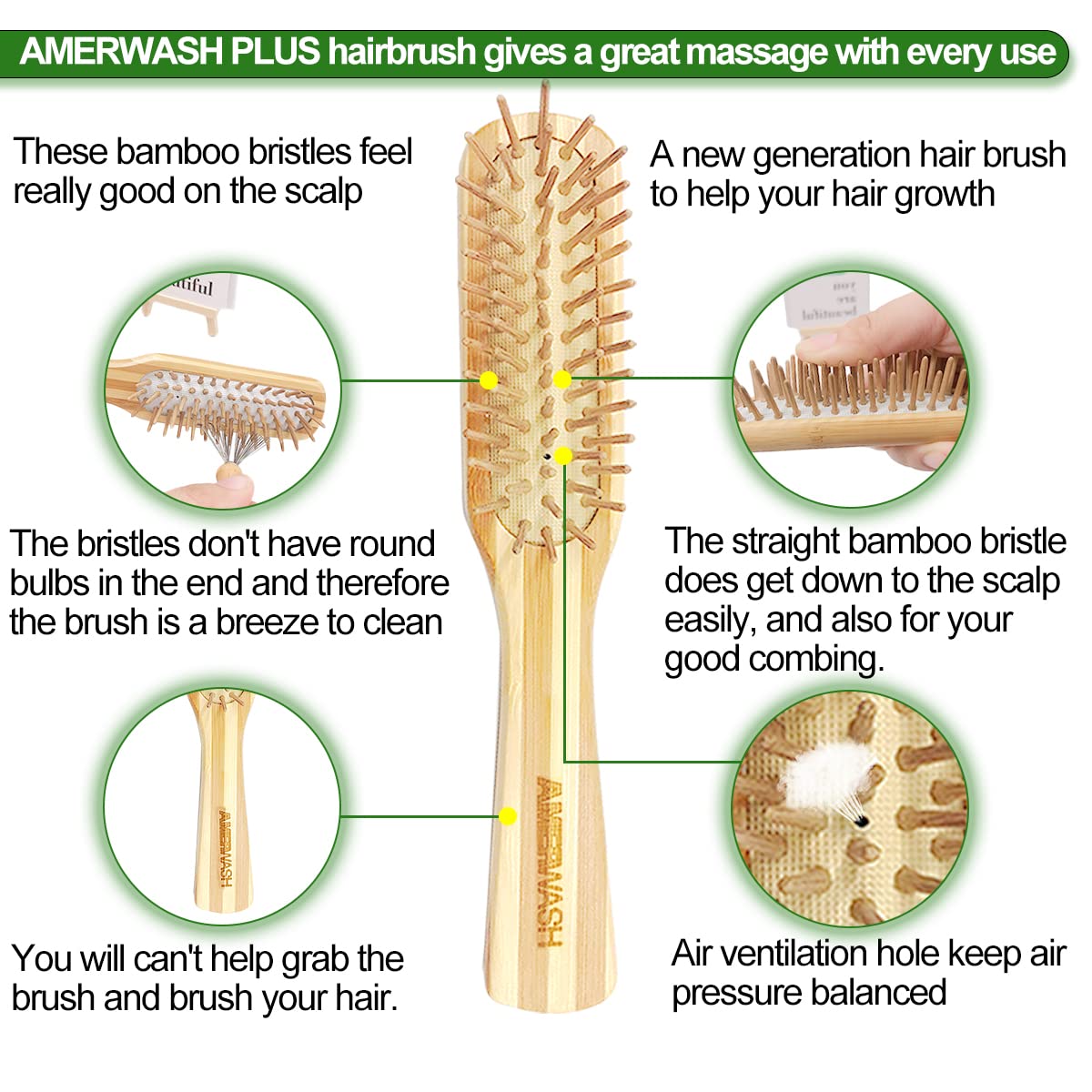 Bamboo Hair Brush with Cleaning Tool Set For Women Men, Bamboo Bristle Wood Paddle Detangling Brush Helps Hair Growth, Enhance Shine & Health, Massaging Scalp