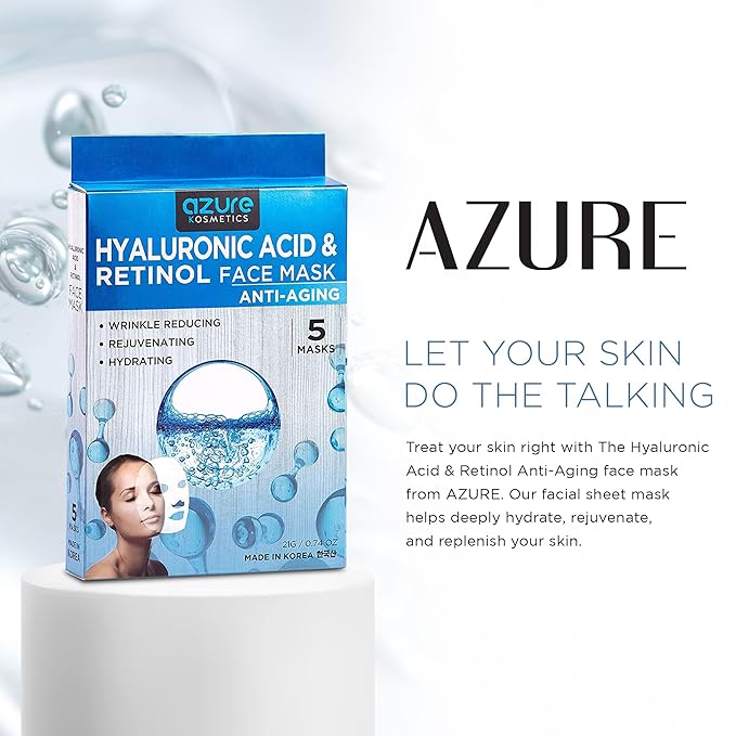 Azure Cosmetics Hyaluronic Acid & Retinol Anti Aging Facial Mask - Dermatologist Tested - Rejuvenating & Hydrating Face - Reduce Fine Lines & Wrinkles, Smooths & Repairs - Korean SkinCare (Pack of 5)