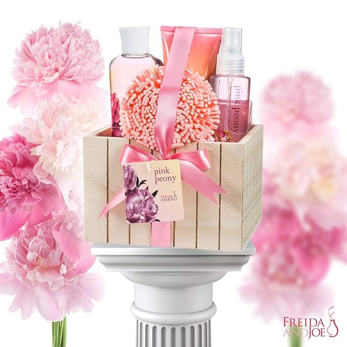 Pink Peony Bathroom Bath Set for Women, Complete Skincare Products in a Natural Wood Plant Box, Body Lotion, Shower Gel, Bubble Bath, Body Spray, Puff Mother’s Day Gift for Mom
