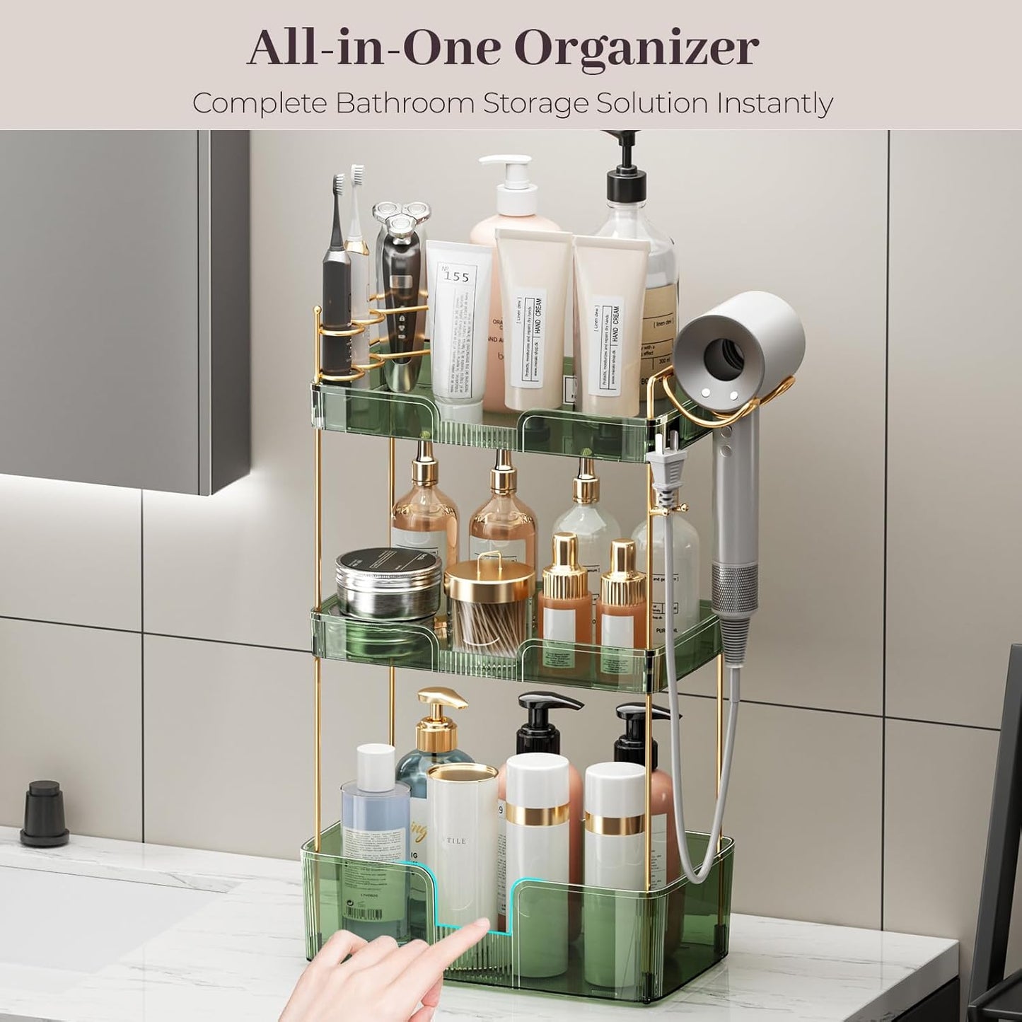 Aveniee Bathroom Counter Organizer,3 Tier Skincare Perfume Countertop Storage with Hair Dryer Rack and Toothbrush Holder, Cosmetic Makeup Tray for Vanity - Green