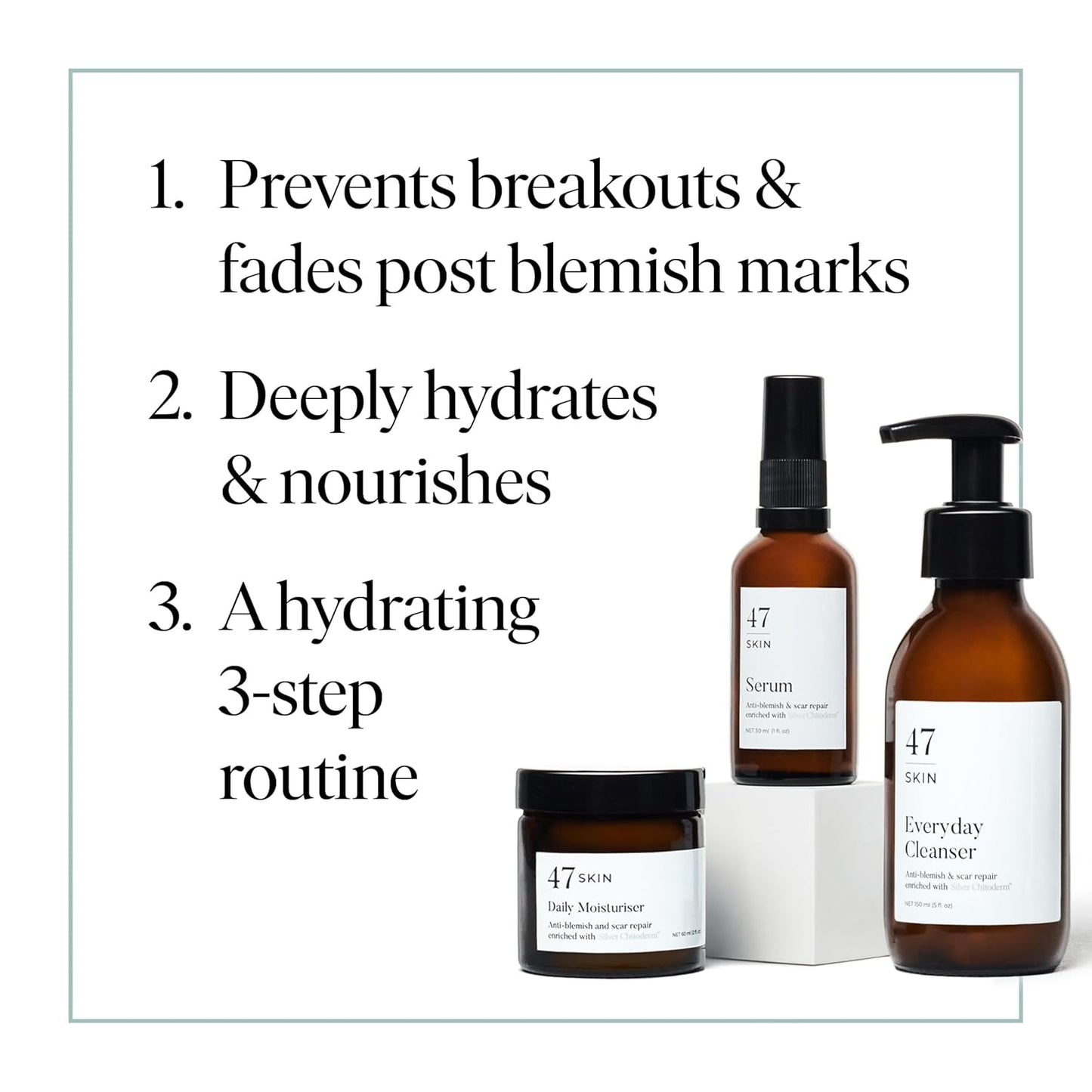 47 Skin | Daily Maintenance Skin Care Kit Bundle | Featuring Daily Moisturiser, Anti Blemish Serum and Everyday Cleanser | Contains Silver Chitoderm | Hydrating, Suitable for all Skin Types