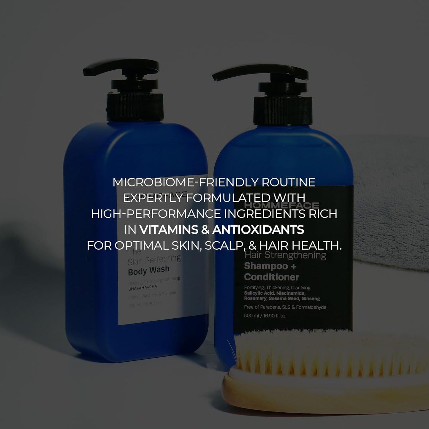 HOMMEFACE Men’s Triple Action Shower Kit - 2 Piece Set with 2-in-1 Hair Strengthening Shampoo + Conditioner & Body Wash with Pump - Korean Skincare Technology for Body Acne and Scalp Health