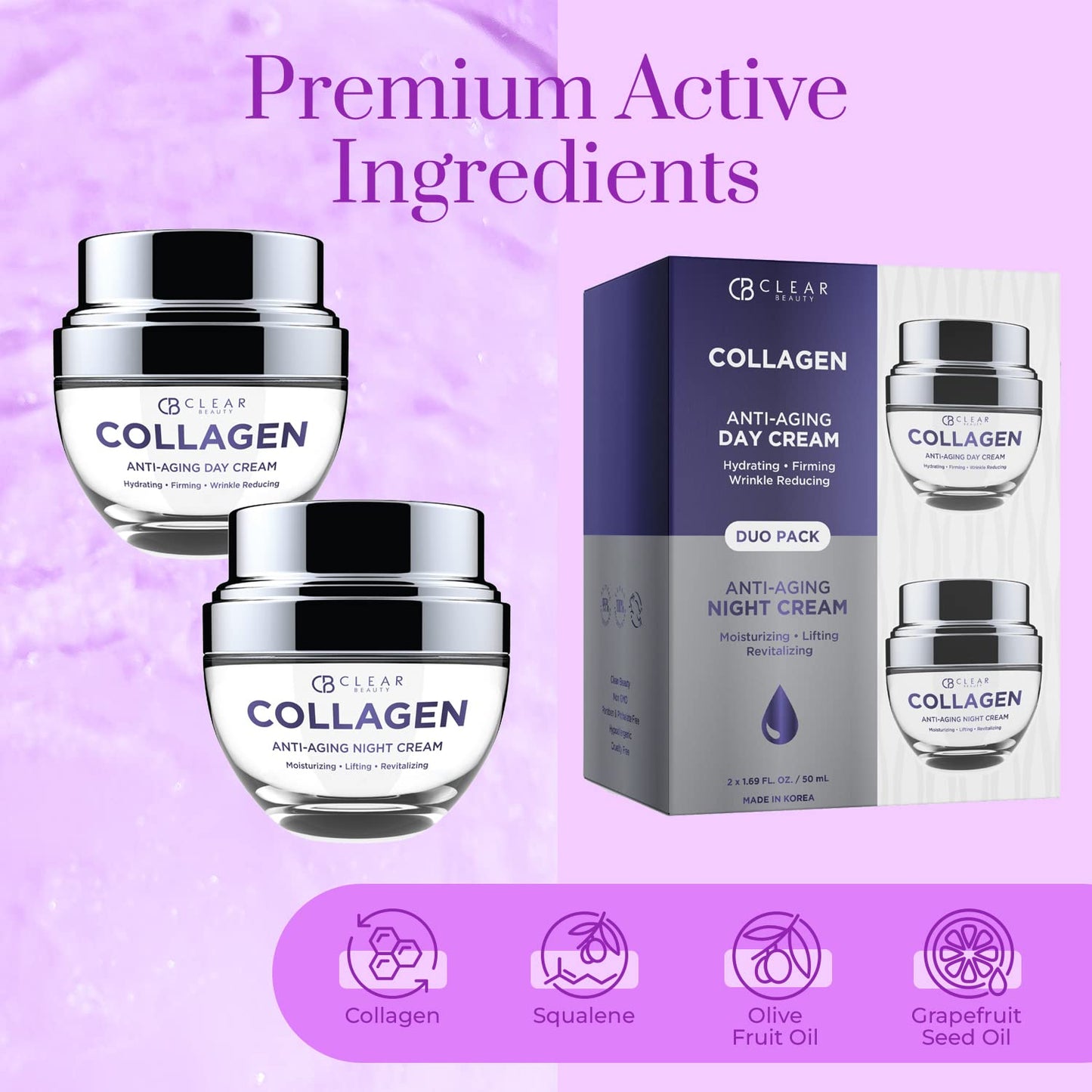 Clear Beauty Collagen Day/Night Moisturizer Set - Dermatologist Tested, Reduces Blemishes, Wrinkles & Fine Lines, Hydrating, Anti-Aging, Cruelty-Free Korean Skin Care, All Skin Types