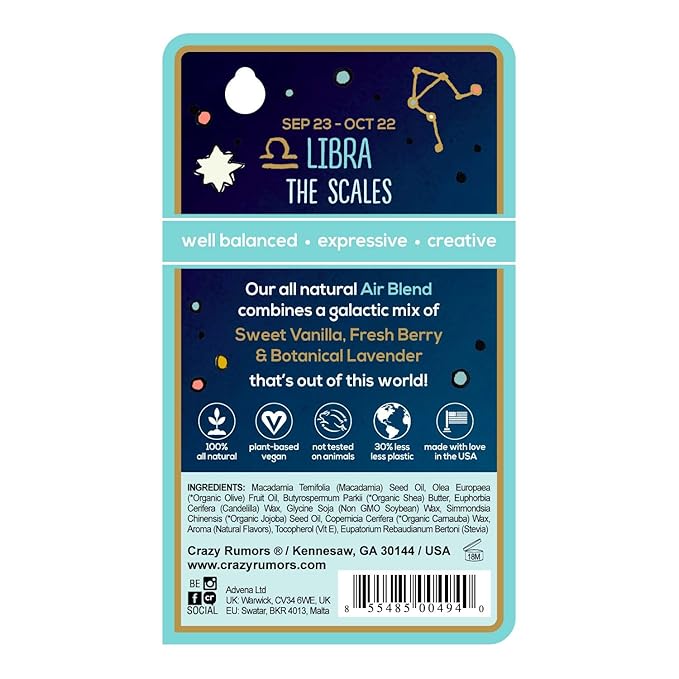 Crazy Rumors Libra Zodiac All Natural, Plant Based Lip Balm to Moisturize and Nourish your Lips - Air Blend