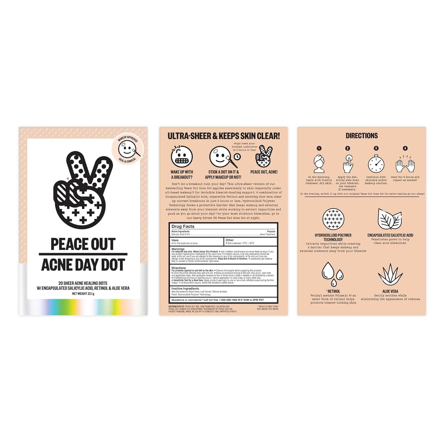 PEACE OUT Acne Day Dot, Sheer Acne Healing Dots, Virtually Invisible Wear, Hydrocolloid Pimple Patches Helps Clear Blemishes Quickly with Encapsulated Salicylic Acid, Retinol & Aloe Vera, 20 dots