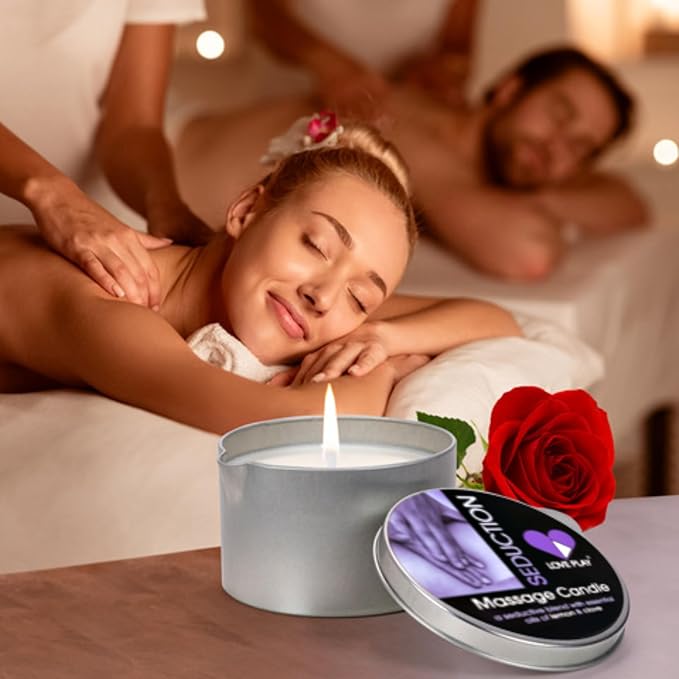 LOVE PLAY Massage Oil Candle for Home SPA - Vegan Moisturizing Body Oil Candle for Pure Relaxation - Hydrating Skin Care Massage Oils with Essential Oils (6.76oz)