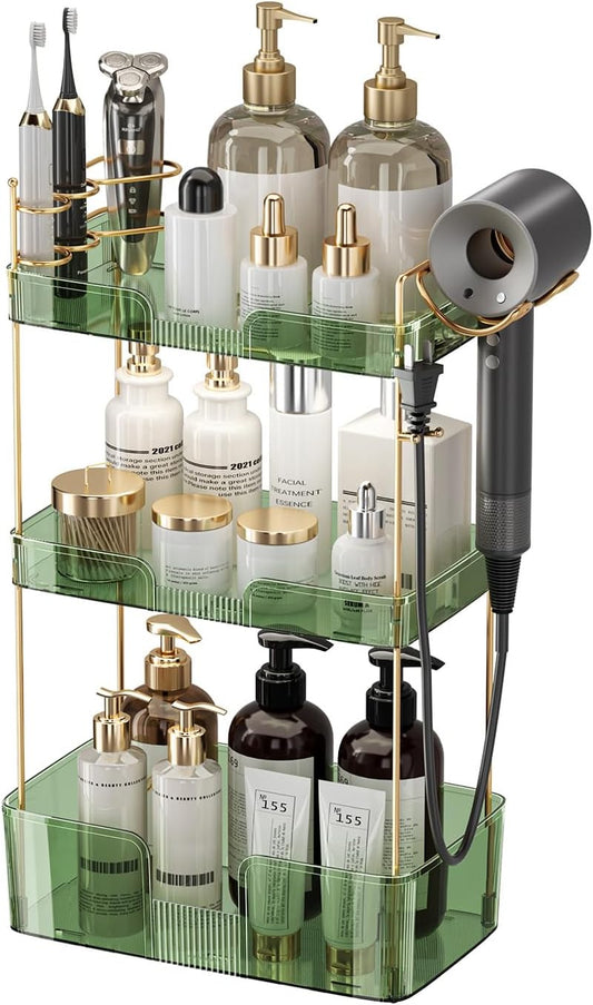 Aveniee Bathroom Counter Organizer,3 Tier Skincare Perfume Countertop Storage with Hair Dryer Rack and Toothbrush Holder, Cosmetic Makeup Tray for Vanity - Green