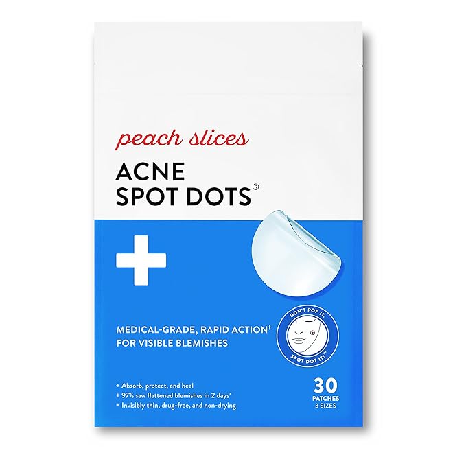 Peach Slices | Acne Spot Dots | Hydrocolloid Acne Patches | For Zits, Blemishes, & Breakouts | Vegan | Cruelty-Free | Pimple Patches | Facial Skin Care Products | 3 Sizes (7mm, 10mm, & 12mm) | 30 Ct