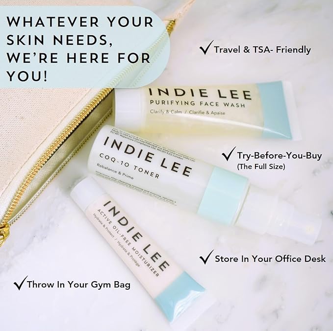 Indie Lee Discovery Gift Set - Travel Size Toiletries Skincare Set with Brightening Cleanser, CoQ-10 Toner + Squalane Facial Oil - Skin Care Kit for Adults (3-Piece Travel Size Set)